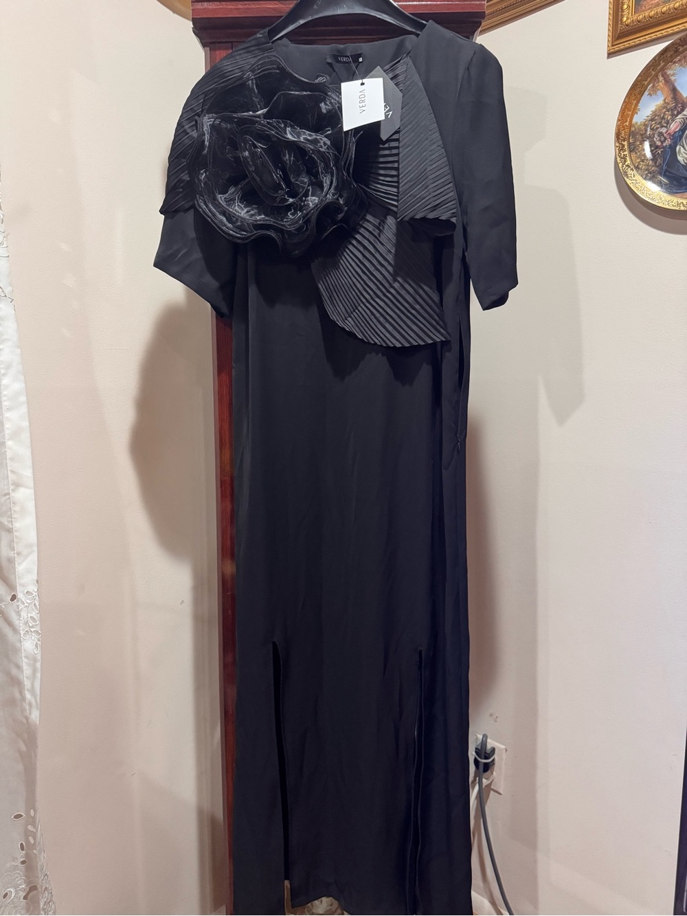 Classic Black Maxi Dress with Floral Accent